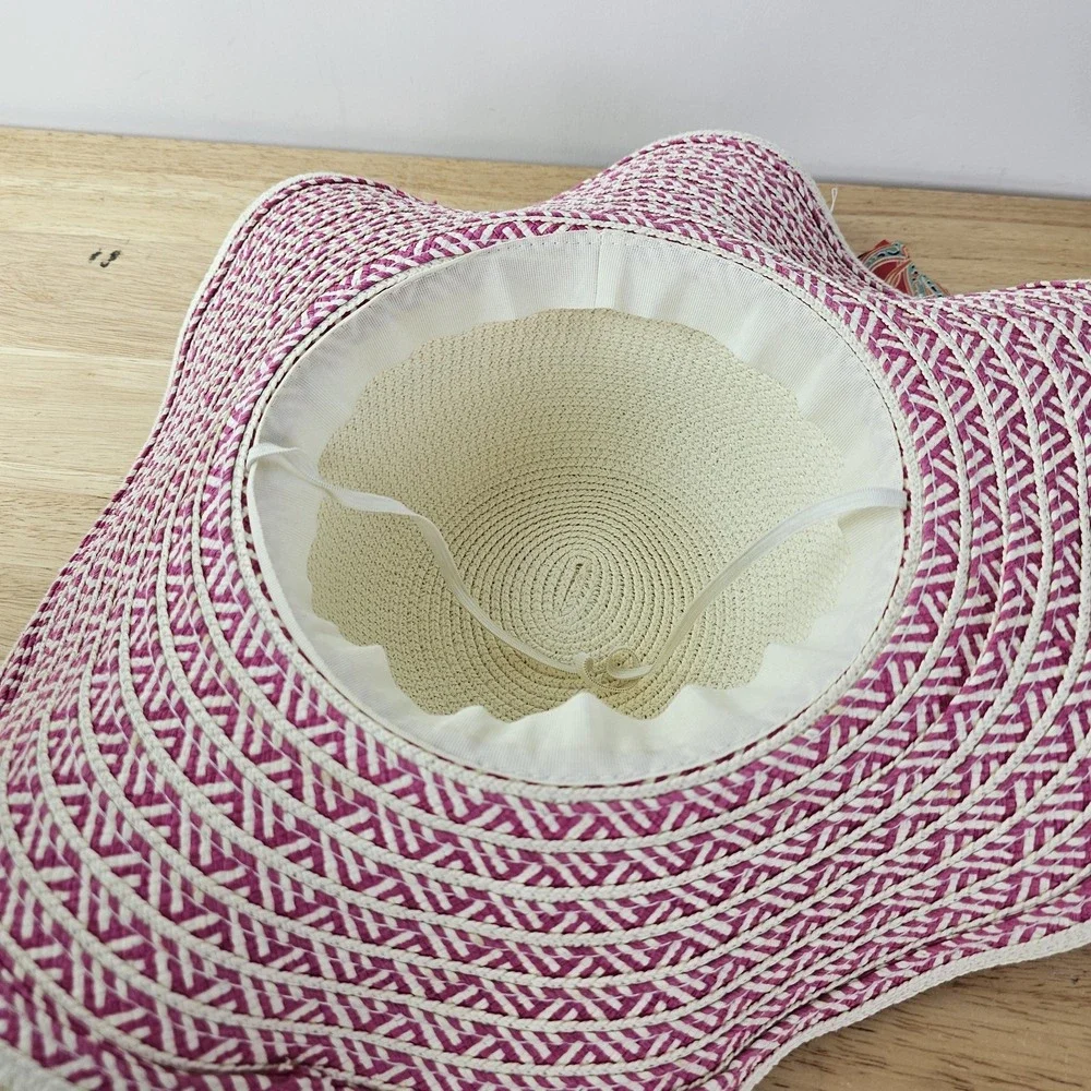 Womens Gold Chain Band Paisley Scarf Boho Straw Beach Sun Panama Hat White Pink‎